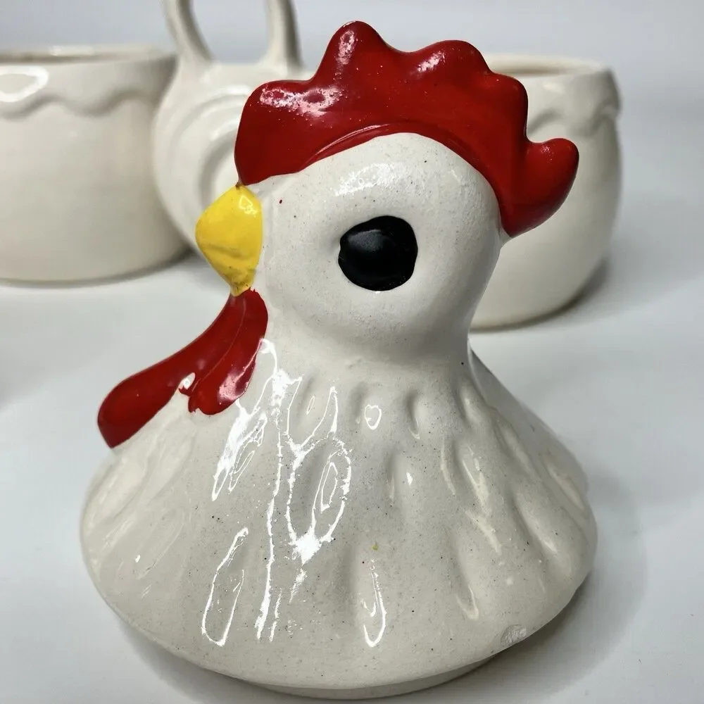 Vtg Rooster & Chicken Hen Coffee & Sugar Bowls Spanish Folk Art White Farmhouse